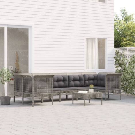 8-tlg. Garten-Lounge-Set mit Kissen Grau Poly Rattan vidaXL