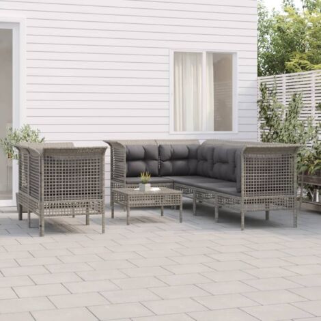 8-tlg. Garten-Lounge-Set mit Kissen Grau Poly Rattan vidaXL