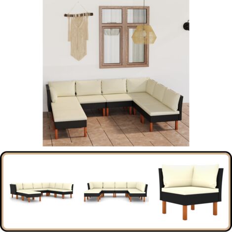 8-tlg. Garten-Lounge-Set mit Kissen Poly Rattan Schwarz - Gartensonnenliege - Gartenloungesessel - Outdoor Möbel - Esszimmergarnitur - Balkonmöbel