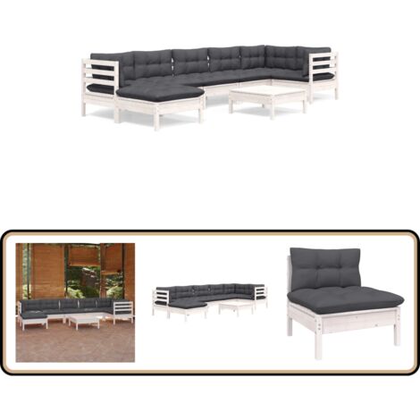 8-tlg. Garten-Lounge-Set mit Kissen Weiß Kiefer Massivholz - Garten Lounge Set - Kiefernholzmöbel - Outdoor Möbel - Gartengeräte - Terrasse