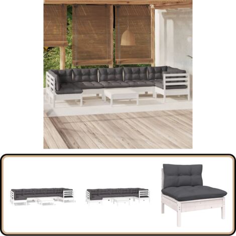8-tlg. Garten-Lounge-Set mit Kissen Weiß Kiefernholz - Garten Lounge Set - Kiefernholz Möbel - Outdoor Möbel - Loungemöbel - Gartenmöbel