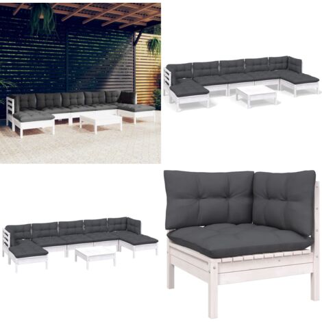 8-tlg. Garten-Lounge-Set mit Kissen Weiß Kiefernholz - Gartengeräte - Lounge Set - Gartenmöbel - Outdoor Möbel - Kiefernholz - Home & Living