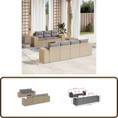 8-tlg. Garten-Sofagarnitur mit Kissen Beige Poly Rattan - Gartenmöbel Set - PE-Rattan Möbel - Outdoor Lounge - Esstisch - Sofasitzgruppe