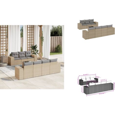 8-tlg. Garten-Sofagarnitur mit Kissen Beige Poly Rattan - Gartenmöbel Set - PE-Rattan Möbel - Outdoor Lounge - Esstisch - Sofasitzgruppe