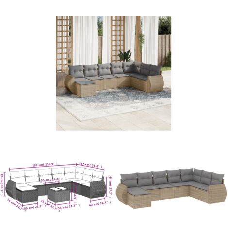 8-tlg. Garten-Sofagarnitur mit Kissen Beige Poly Rattan - Gartenmöbel Set - PE-Rattan Möbel - Outdoor Lounge - Garten Sofa - Esstisch Set - Home & Living