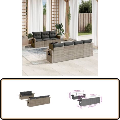 8-tlg. Garten-Sofagarnitur mit Kissen Grau Poly Rattan - Gartenmöbel - PE-Rattan Möbel - Outdoor Lounge Set - Sofasitzgruppe - Balkonmöbel