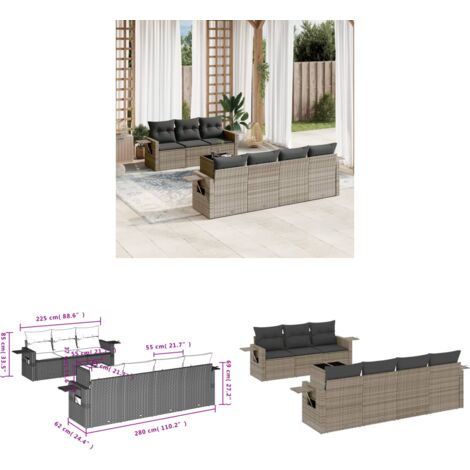 8-tlg. Garten-Sofagarnitur mit Kissen Grau Poly Rattan - Gartenmöbel - PE-Rattan Möbel - Outdoor Lounge Set - Sofasitzgruppe - Balkonmöbel - Home & Living