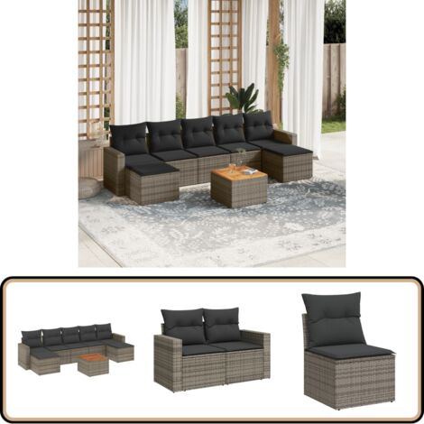 8-tlg. Garten-Sofagarnitur mit Kissen Grau Poly Rattan - Gartenmöbel Set - Lounge Möbel - Rattan Gartenmöbel - Outdoor Möbel - Balkonmöbel