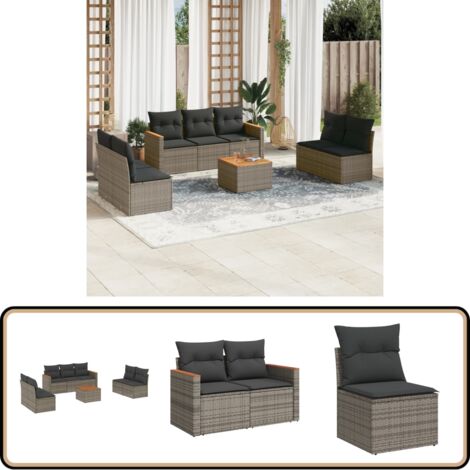 8-tlg. Garten-Sofagarnitur mit Kissen Grau Poly Rattan - Gartensorte - Gartenmöbelset - Outdoor-Lounge - Lounge Set - Rattan Gartenmöbel