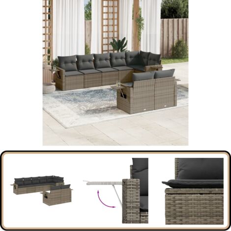 8-tlg. Garten-Sofagarnitur mit Kissen Grau Poly Rattan - Gartensorte - Gartenmöbelset - PE-Rattan Möbel - Outdoor Lounge Set - Balkonmöbel