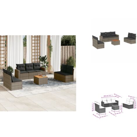 8-tlg. Garten-Sofagarnitur mit Kissen Grau Poly Rattan - Gartensortiment - Outdoor Möbel - Lounge Set - Gartenlounge - Rattan Gartenmöbel