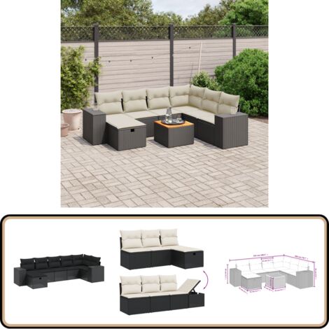 8-tlg. Garten-Sofagarnitur mit Kissen Schwarz Poly Rattan - Gartenmöbel - Esstischgarnituren - Outdoor-Lounge - Rattanmöbel - Balkonmöbel