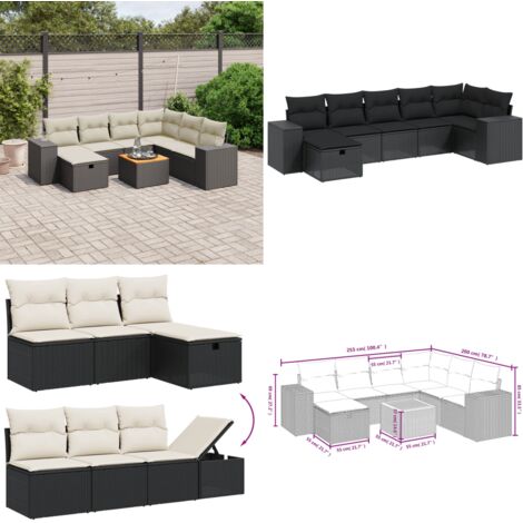 8-tlg. Garten-Sofagarnitur mit Kissen Schwarz Poly Rattan - Gartenmöbel - Esstischgarnituren - Outdoor-Lounge - Rattanmöbel - Balkonmöbel - Home & Living