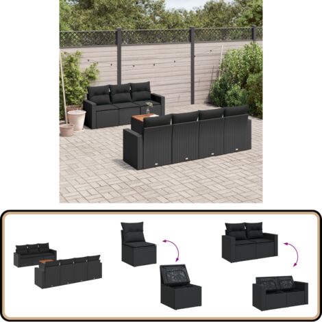 8-tlg. Garten-Sofagarnitur mit Kissen Schwarz Poly Rattan - Gartenmöbel - Esszimmergarnituren - Outdoor Möbel - Lounge Set - Rattan Gartenmöbel