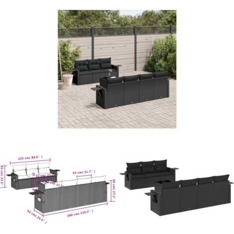 8-tlg. Garten-Sofagarnitur mit Kissen Schwarz Poly Rattan - Gartenmöbel - PE-Rattan Möbel - Outdoor Möbel - Lounge Set - Sofasitzgruppe - Home & Living