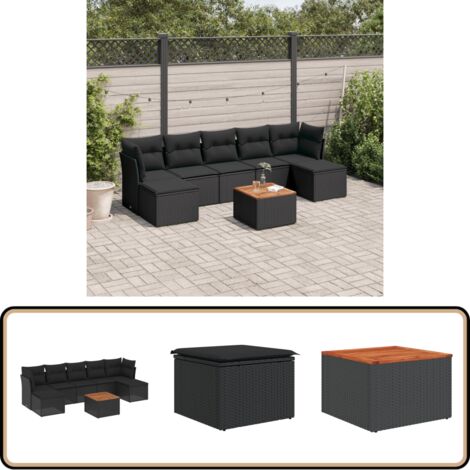 8-tlg. Garten-Sofagarnitur mit Kissen Schwarz Poly Rattan - Gartenmöbel Set - Esszimmergarnitur Outdoor - Lounge Möbel - Rattan Gartenset - Balkonmöbel