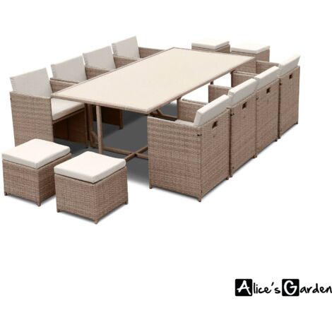 8 to 12-seater rattan cube table set with chairs, Vabo 12, Beige, 110x222x73 cm