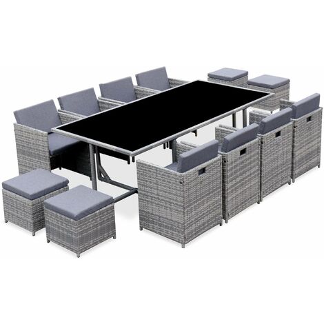 8 to 12-seater rattan cube table set with chairs, Vabo 12, Mixed Grey, 110x222x73 cm