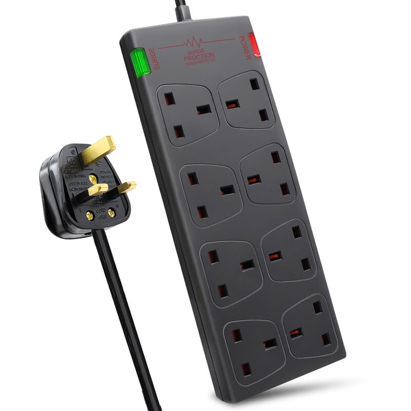 8 Way Socket with Cable 1M, Black, with Power Indicator, Child-Resistant Sockets, Surge Indicator