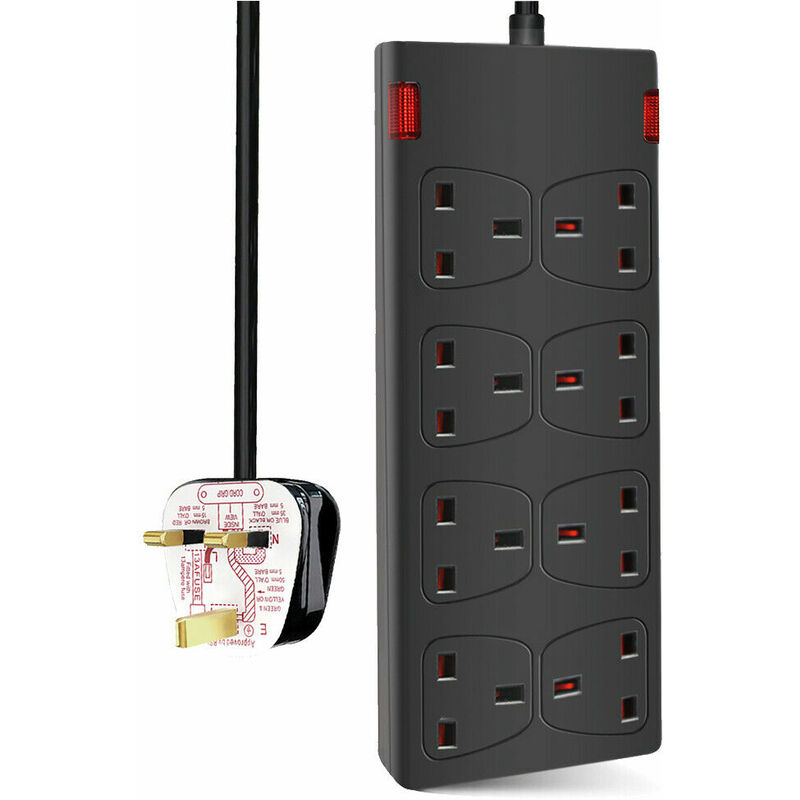 8 Way Socket with Cable 2M, Black, with Power Indicator, Child-Resistant Sockets