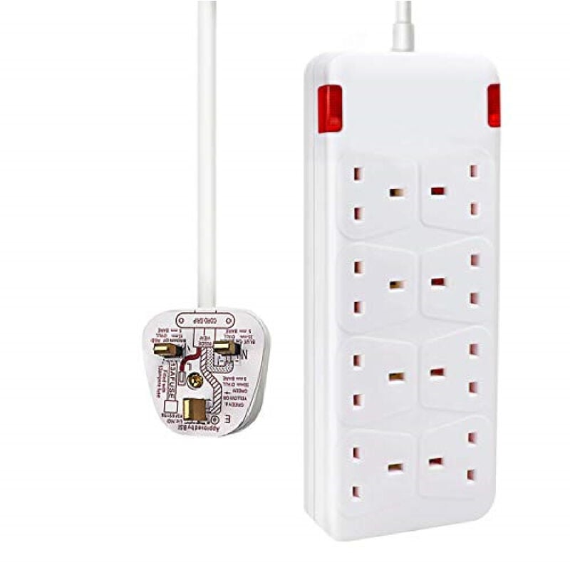 8 Way Socket with Cable 2M, White, with Power Indicator, Child-Resistant Sockets