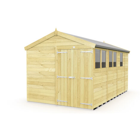 8 x 13 Feet Apex Shed - Double Door With Windows - Wood - L387 x W231 x H217 cm