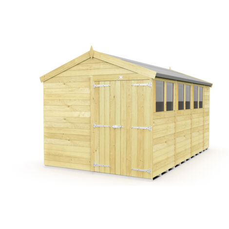 8 x 15 Feet Apex Shed - Double Door With Windows - Wood - L454 x W231 x H217 cm