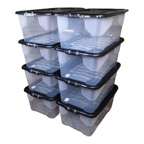 8 x 42L Clear Storage Box with Black Lid, Stackable and Nestable Design Storage Solution