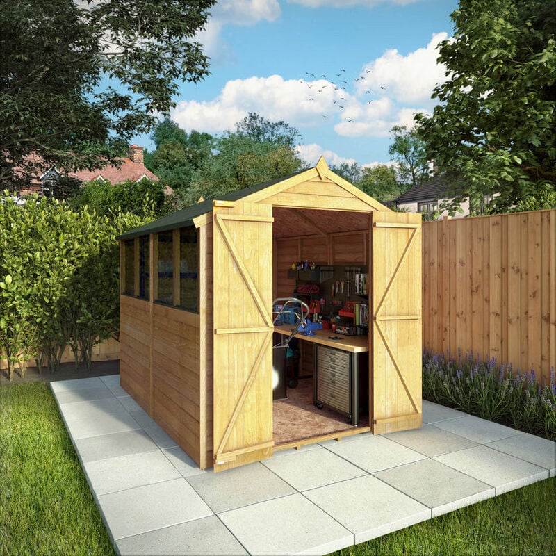 Overlap Apex Wooden Garden Storage Shed 8 x 6 - Double Door - Waltons