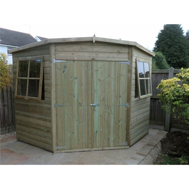8 x 8 (2.25m x 2.25m) - Pressure Treated Tongue And Groove - Corner Shed - 2 Opening Windows - Double Doors - 12mm Tongue And Groove