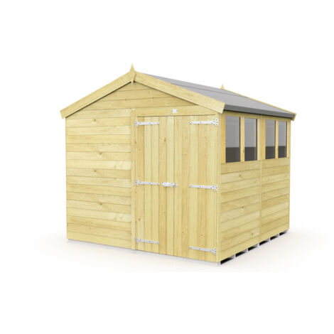 8 x 8 Feet Apex Shed - Double Door With Windows - Wood - L243 x W231 x H217 cm