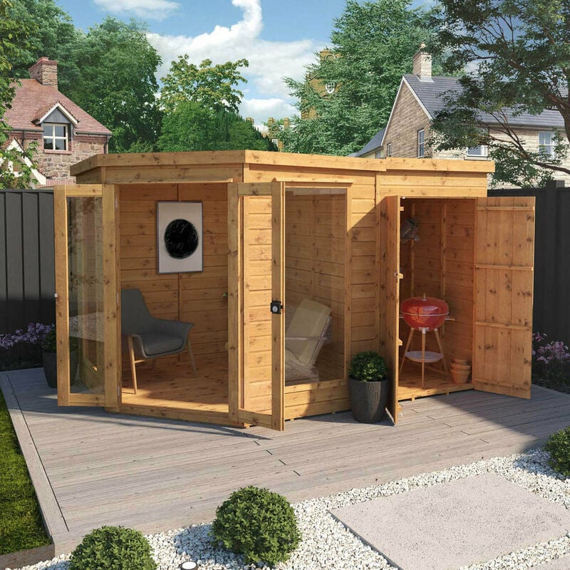 Premium Shiplap Flat Roof Corner Garden Room Summerhouse - 7 x 7 Summerhouse with Side Shed - Waltons