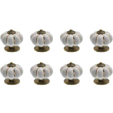 8 x Boutons de tiroir en céramique bouton de meuble forme citrouille pour tiroirs et placards de cuisine (Blanc)