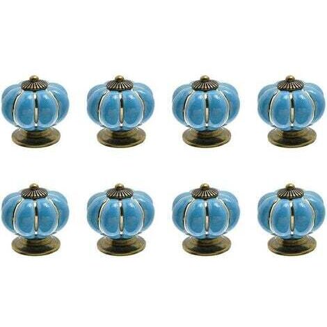 8 x Boutons de tiroir en céramique bouton de meuble forme citrouille pour tiroirs et placards de cuisine (Bleu)