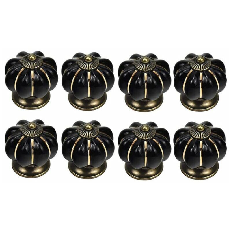 8 x Boutons de tiroir en céramique bouton de meuble forme citrouille pour tiroirs et placards de cuisine (Noir)