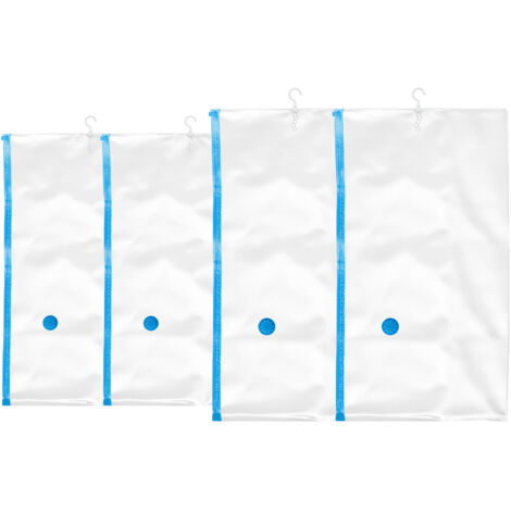 8 x hanging vacuum storage bags for clothes, 2 sizes, with hooks, valve, transparent/blue, set