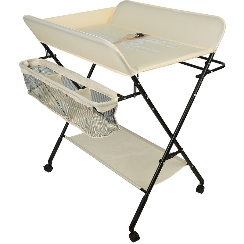 baby changing table table à langer bébé pliante avec panier de rangement à côté structure en fer charge - beige