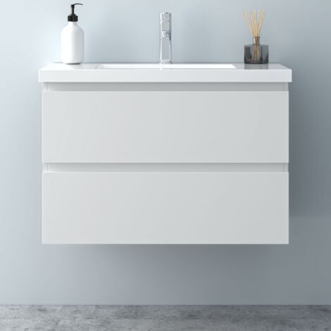 80 cm Badmöbel Set Unterschrank 2 Schubladen soft close Badezimmermöbel Selbstmontierter mit Weiß Mineralguss waschtisch Unterschrank mit Weiß Matt