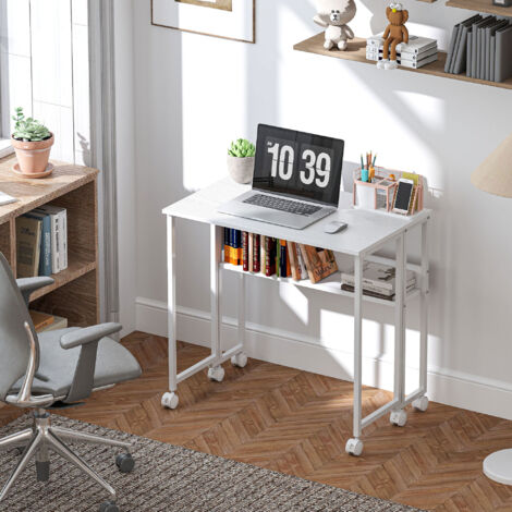 80 cm Folding Desk with Storage Shelf and Drop Leaf on Wheels - White
