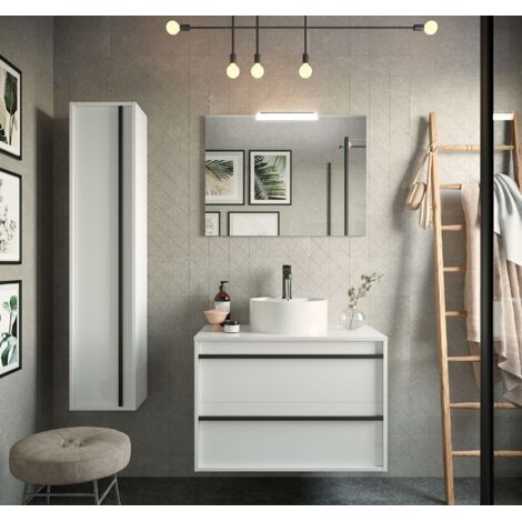 80 cm hängender Badezimmerschrank aus satinweißem Holz mit Waschbecken – Astoria - 80 cm mit spiegel und LED Lampe