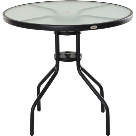 80 cm Round Garden Dining Table with Parasol Hole for 4, Outdoor Coffee Bistro End Side Table with Tempered Glass Top and Steel Frame for Patio, Porch, Black