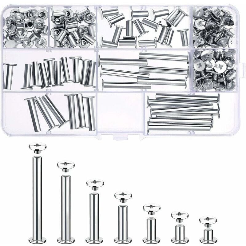 80 Ensemble Chicago Vis Assortiment Kit 7 Différentes Tailles en Métal Vis à Tête Rond Post Chicago Vis Bouton pour DIY Reliure de décoration en Cuir