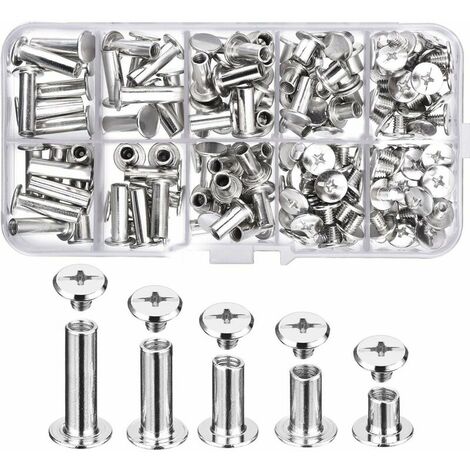 80 Ensemble Chicago Vis Assortiment Kit 5 Tailles Vis à Tête Croix Ronde en Métal Post Chicago Vis Bouton pour DIY Reliure de Décoration en Cuir