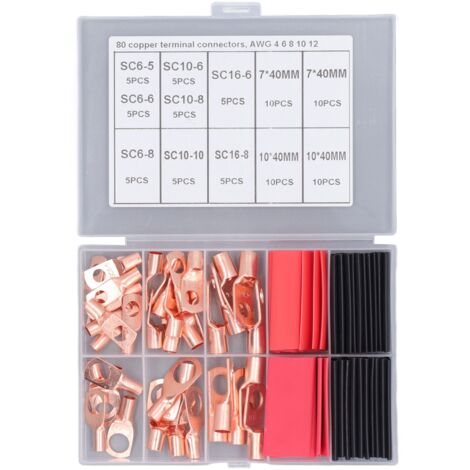 80 Pièces Terminaux à Œillet en Cuivre Rouge pour Câble Batterie avec Manchons Thermorétractables et Outil de Sertissage