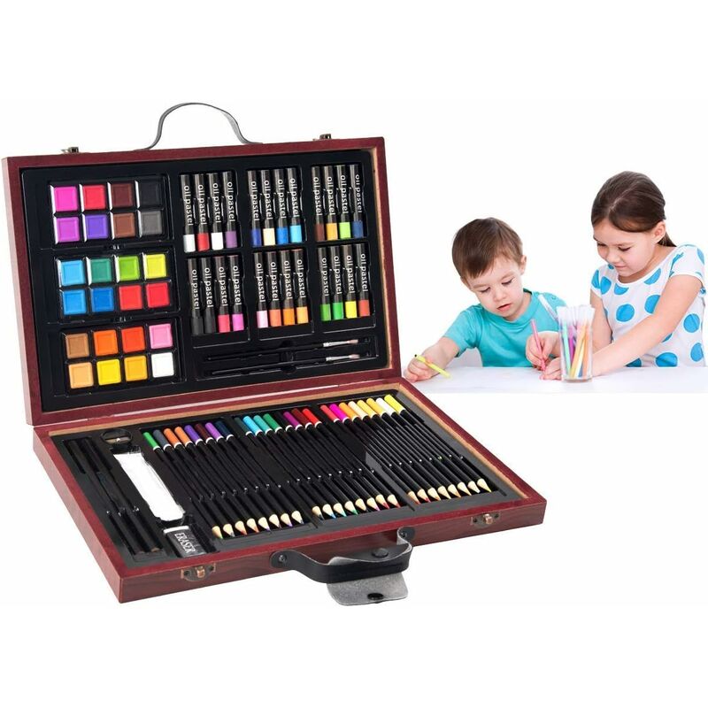 

Costway - 80 Piezas Caja Pinturas Niños Caja de Papelería Set de Madera con Acuarela Lápices para Dibujo