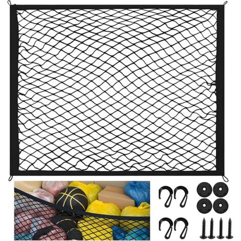 80 x 60cm Filet Coffre Voiture avec 4 Crochets Solides, Filet Rangement Camping Car, Peut Être Étendu Jusqu'À 160x120cm, Organisateur Fixe Bagages Extensible Élastique pour Voitures Plupart (Noir)