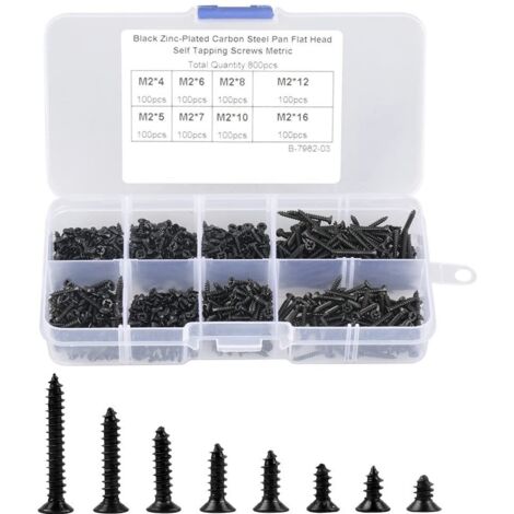 800 Pièce M2 Jeu de vis Autotaraudeuses à TêteFraisée en Acier au Carbone noir, Kit de Fixation du Bois Avec Boîte