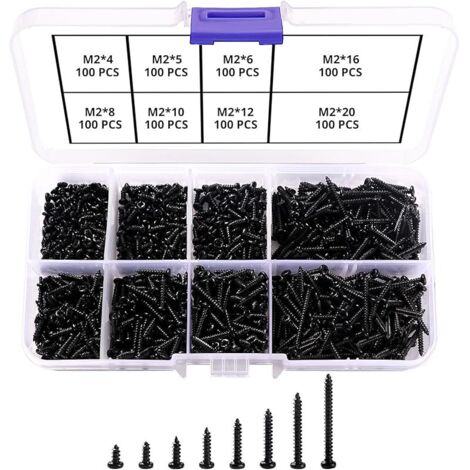 800 Pièces M2 Vis Autoperceuses à Tête Croisée, Vis Autotaraudeuse, Micro Vis à Tête Cylindrique, pour Plastique Bois Métal Mou (Vis Miniatures Noires)