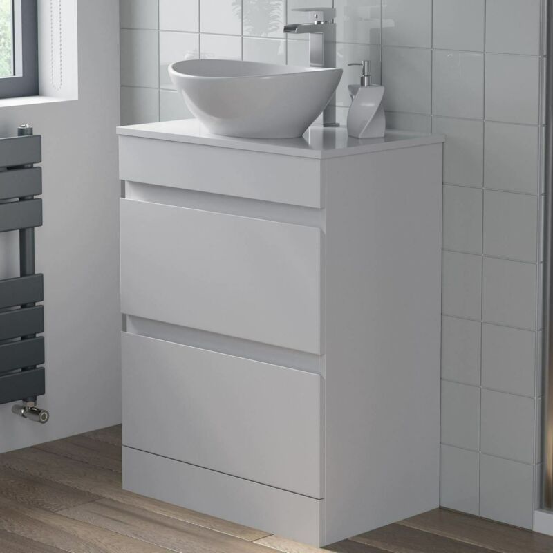 Countertop Vanity Unit & Basin Floor Standing Bathroom Furniture Drawer White Gloss 600mm with 410mm Oval Basin