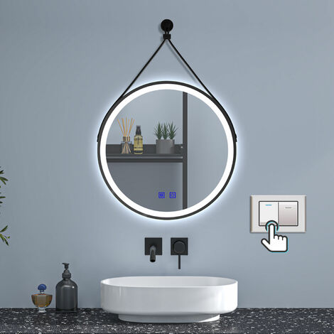 800mm Black Framed Round LED Bathroom Mirror with Demister,Dimmable 3 Colour and Memory, 2 Touch Buttons/Wall Switch, with a Strap